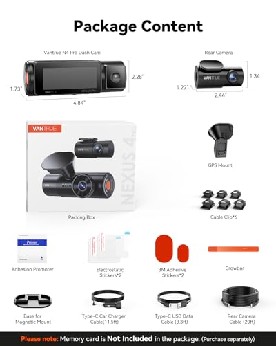 Vantrue N4 Pro 4K 3 Channel Dash Cam, STARVIS 2 IMX678 x PlatePix™ x HDR Night Vision, 4K+1080P+1080P Front Inside and Rear Dash Camera