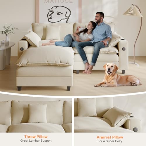 Modular Sectional Sofa, Cloud Couch with Ottoman, Charging Station, Throw Pillows, Cup Holders, Modern Convertible U Shaped Couches for Living Room