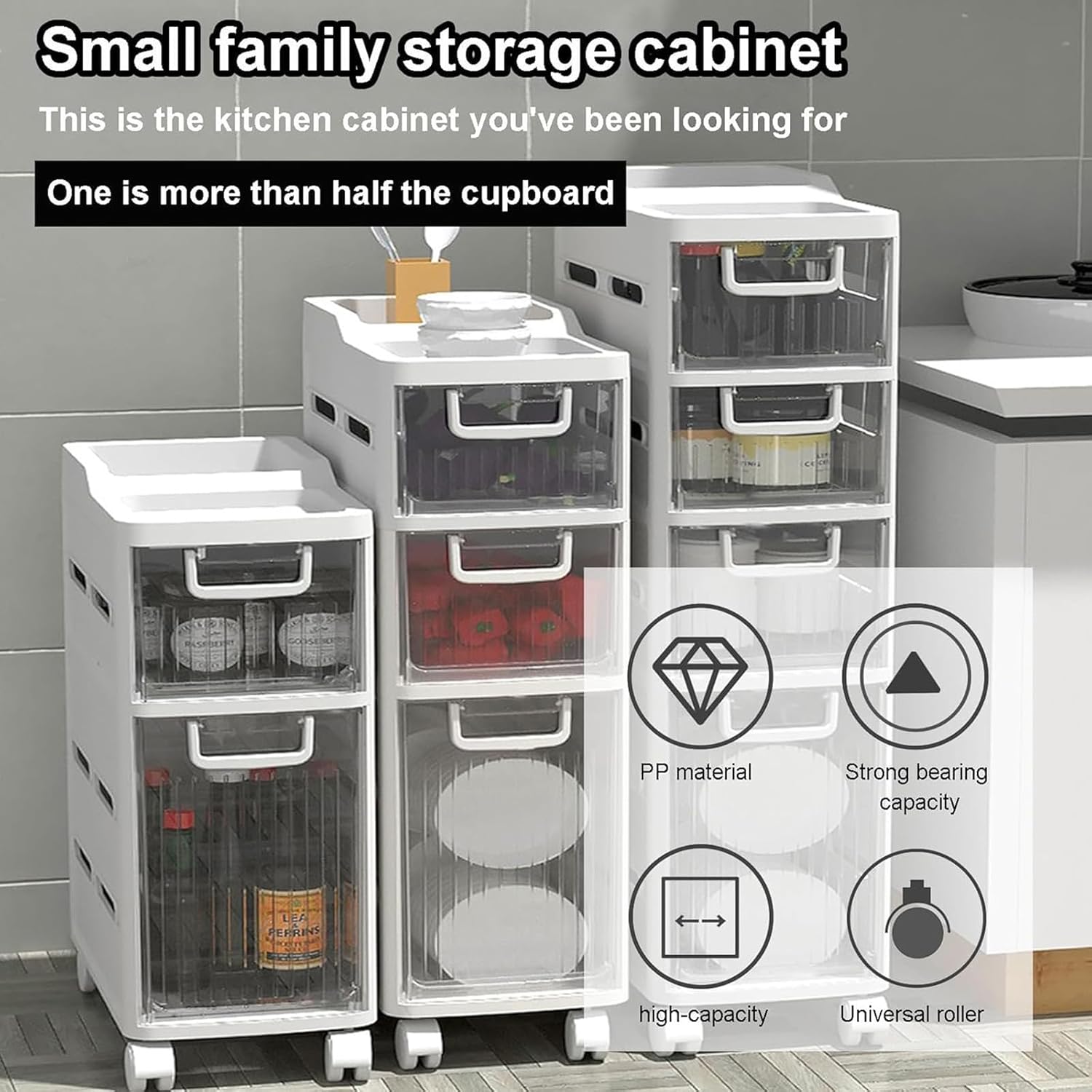 Standing Storage Cabinet 4 Tier Small Spaces Gaps Bathroom Storage Cabinet Side Narrow Organizer with Clear Drawers and Casters Bathroom Floor