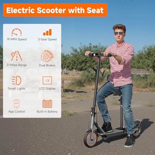 Electric Scooter, Folding E Scooter for Adults with Seat, 350W Motor, 8.5" Tire, 19MPH