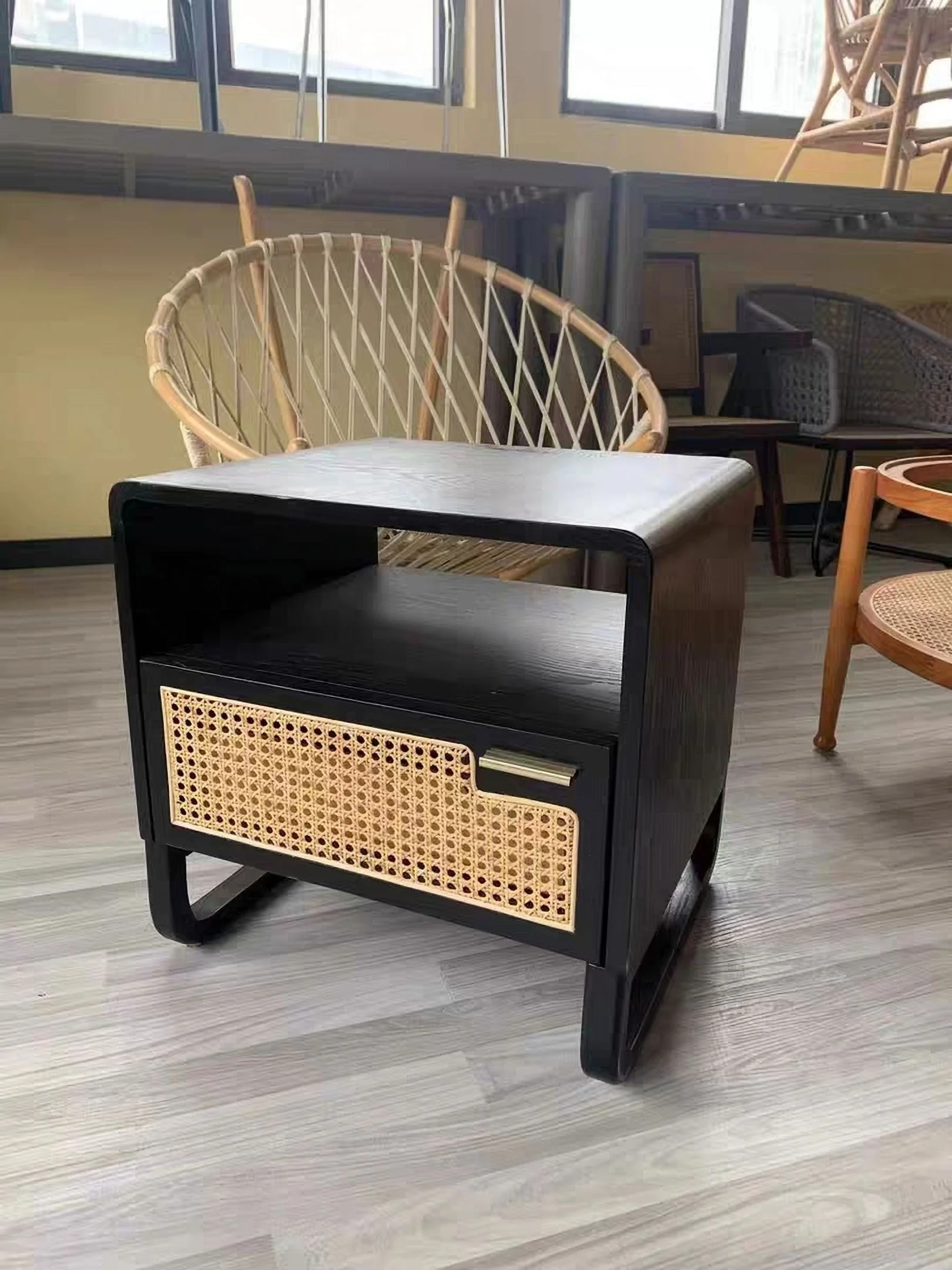 homary Minimalist Nightstand Rattan Woven Bedside Table with 1 Drawer Bedroom Furniture End Table Black