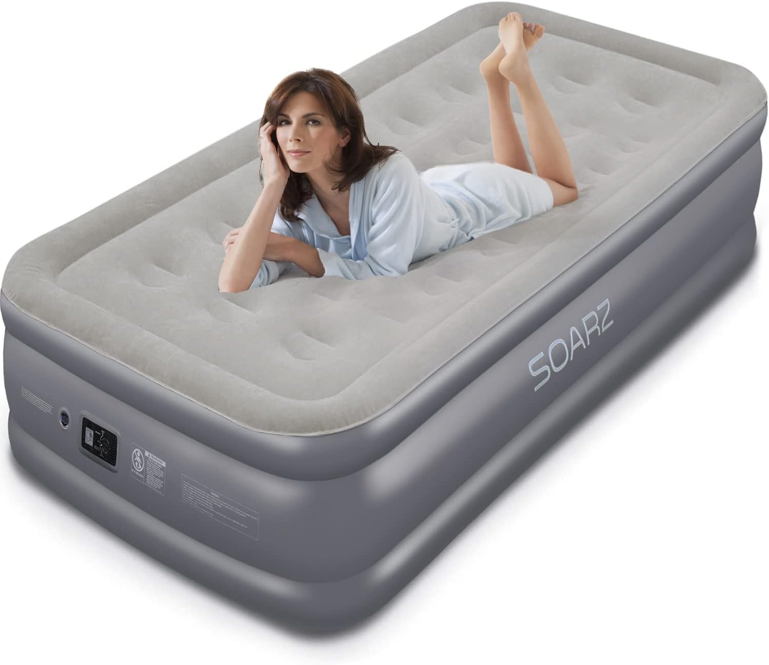 SOARZ Air Mattress Queen with Built-in Pump, Upgraded Double High Luxury Flocked Top Airbed for Home Camping Travel and Indoor Use