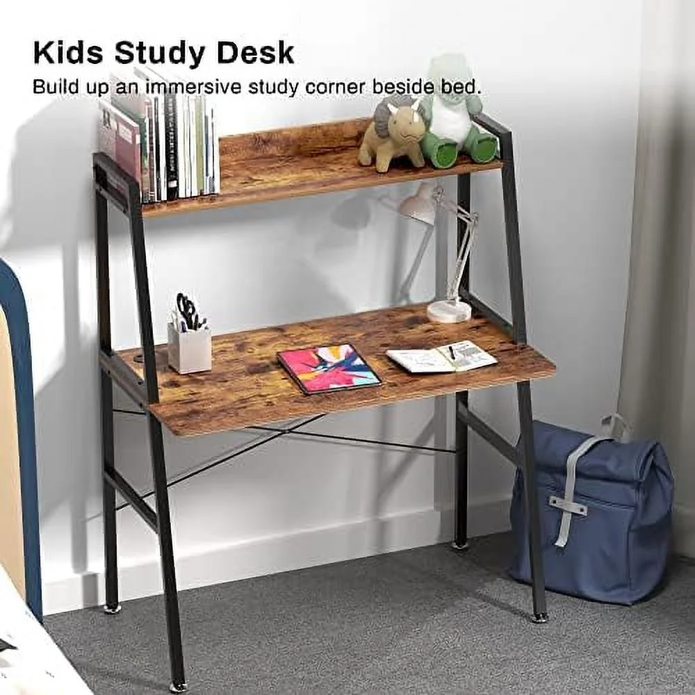 Small Computer Ladder Desk with  Shelves  43 Inch 2-Tier  Office Students Study Writing PC Gaming Table with Bookshelf  Workstation for Space Saving