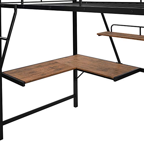 Harper & Bright Designs Full Loft Bed with Desk, Metal Loft Beds with Storage Shelves, Desk, and Wardrobe, Heavy-Duty Loft Bed Frame for Kids, Teens