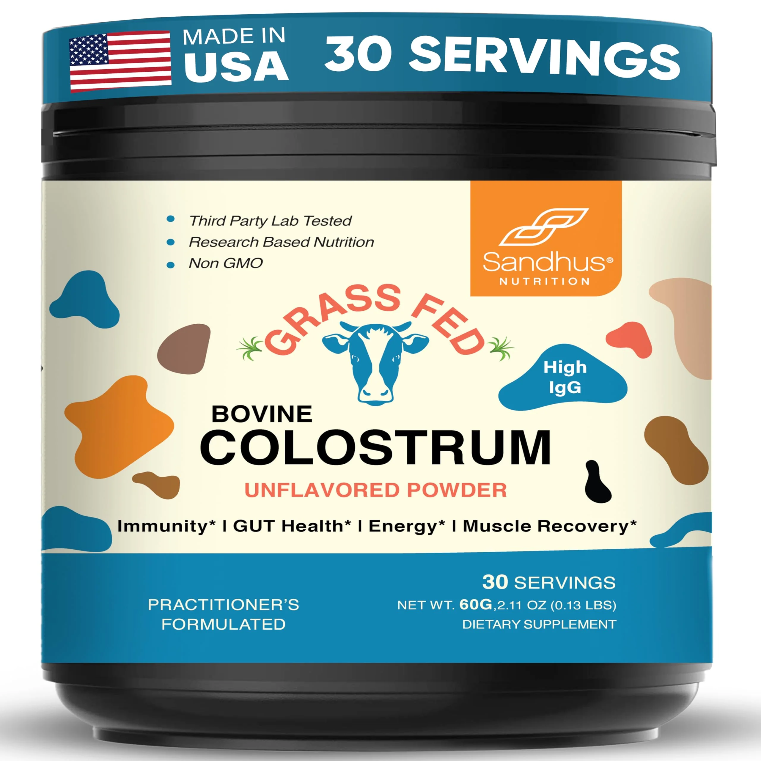 Sandhu's Pure Bovine Colostrum 30 Servings for Humans | High IgG Grass Fed, Unflavored Made in USA | for Gut Health