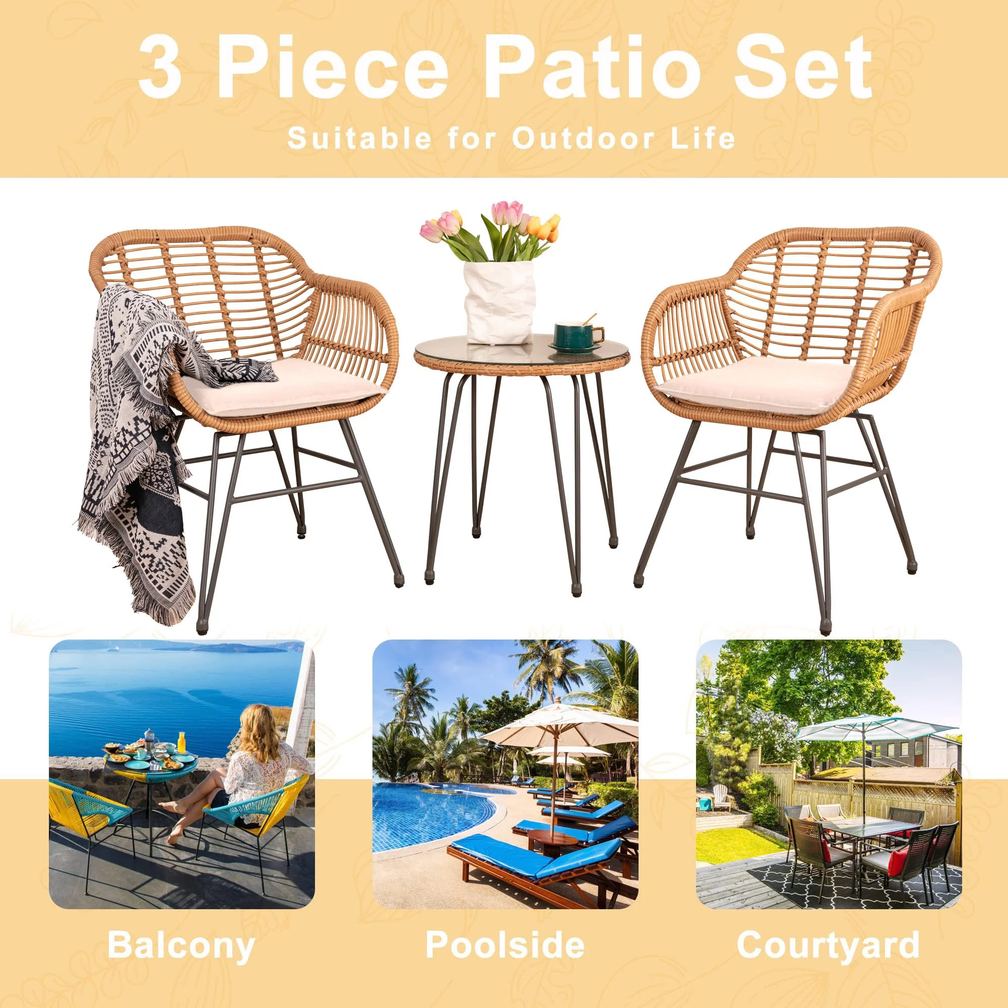 Tappio 3 Piece Outdoor Wicker Furniture Patio Bistro Set, PE Rattan Wicker Chairs Set with Table and Cushions