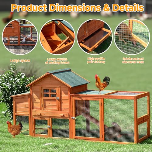 GARWOOD Large Wooden Chicken Coop Outdoor Big Hen House Poultry Pet Duck Hutch with Run Cage Nesting Box Waterproof Asphalt Roof Ramp Removable Tray