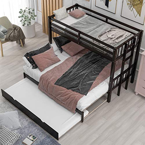 Twin over Double Twin Bunk Bed with Trundle, Convertible Down Bed, Pull-Out Multi-Functional Bunk Bed for 4 People