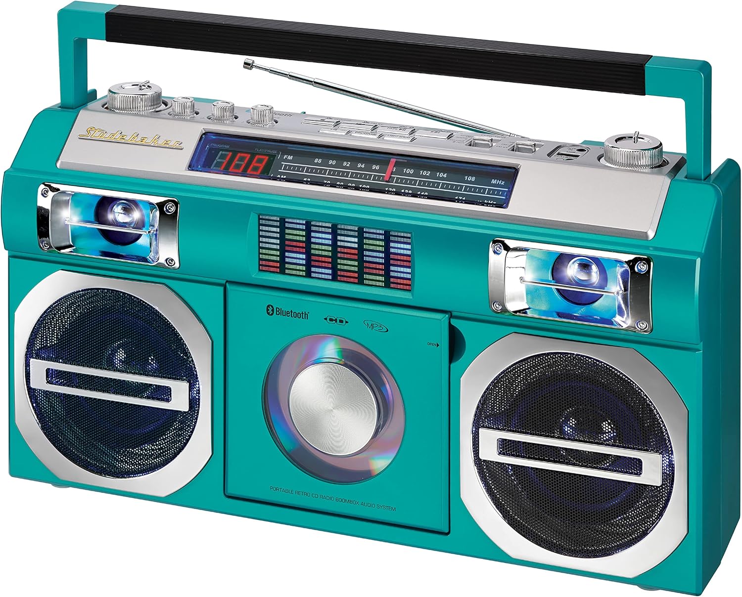 Studebaker Vintage Aqua Turquoise 80's Retro Street Bluetooth Wireless Streaming Boombox Rechargeable Battery, CD/MP3 Player, AM/FM, USB