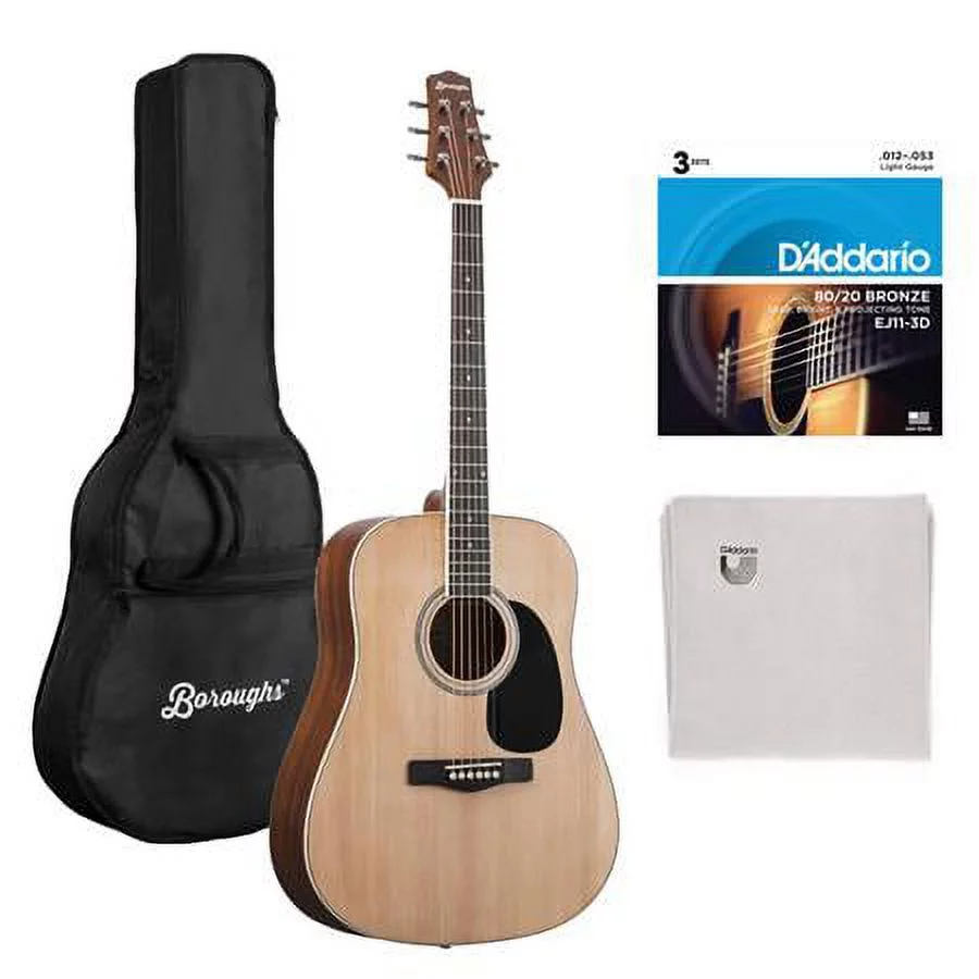 B30DNT Dreadnought Acoustic Guitar, Natural Bundle with Gig Bag, Micro-Fiber Cloth, 3-Pack Strings - Curated Treasures Market
