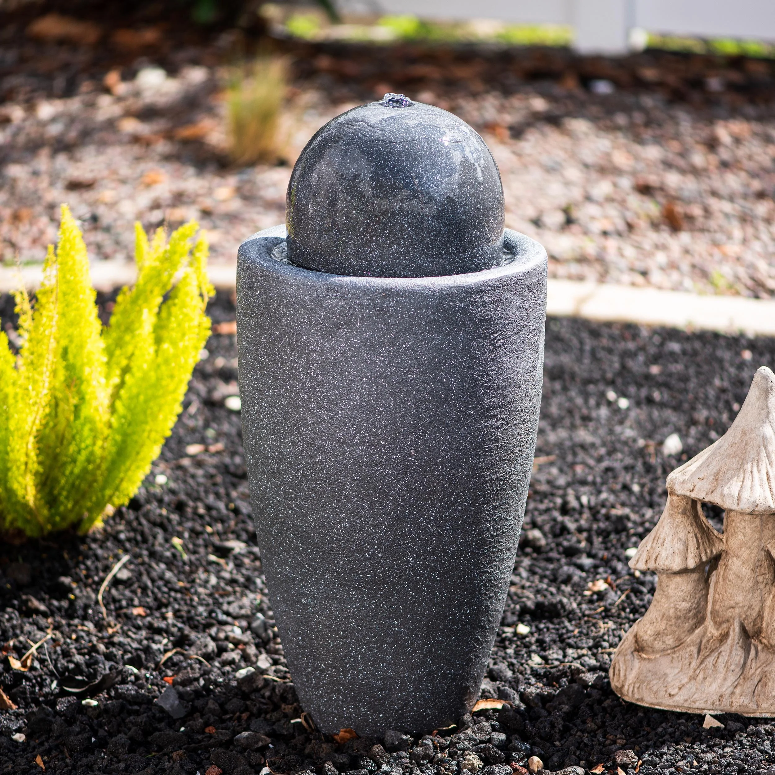 XBrand 25.98"W Round Stone Indoor/Outdoor Modern Stone Textured Sphere Water Fountain w/LED Lights, Ball Water Fountain Decor, Garden Sphere Fountain