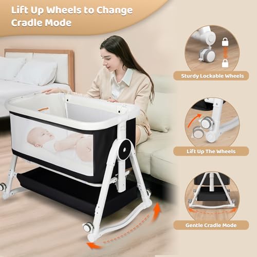 4 in 1 Baby Bassinet, Bassinet Bedside Sleeper with Wheels and Storage Basket, Adjustable 7 Heights Bedside Sleeper with Changing Station