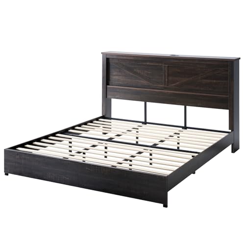 AMERLIFE 47.2" H King Bed Frame with Hidden Space Bookcase Headboard and Charging Station, Beds with 2 Storage Drawers and Wood Slats