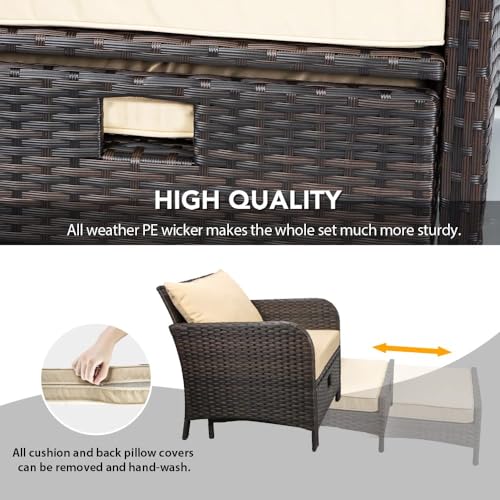 LEVELEVE Balcony Furniture 5 Piece Patio Conversation Set, PE Wicker Rattan Outdoor Lounge Chairs with Soft Cushions 2 Ottoman&Glass Table for Porch