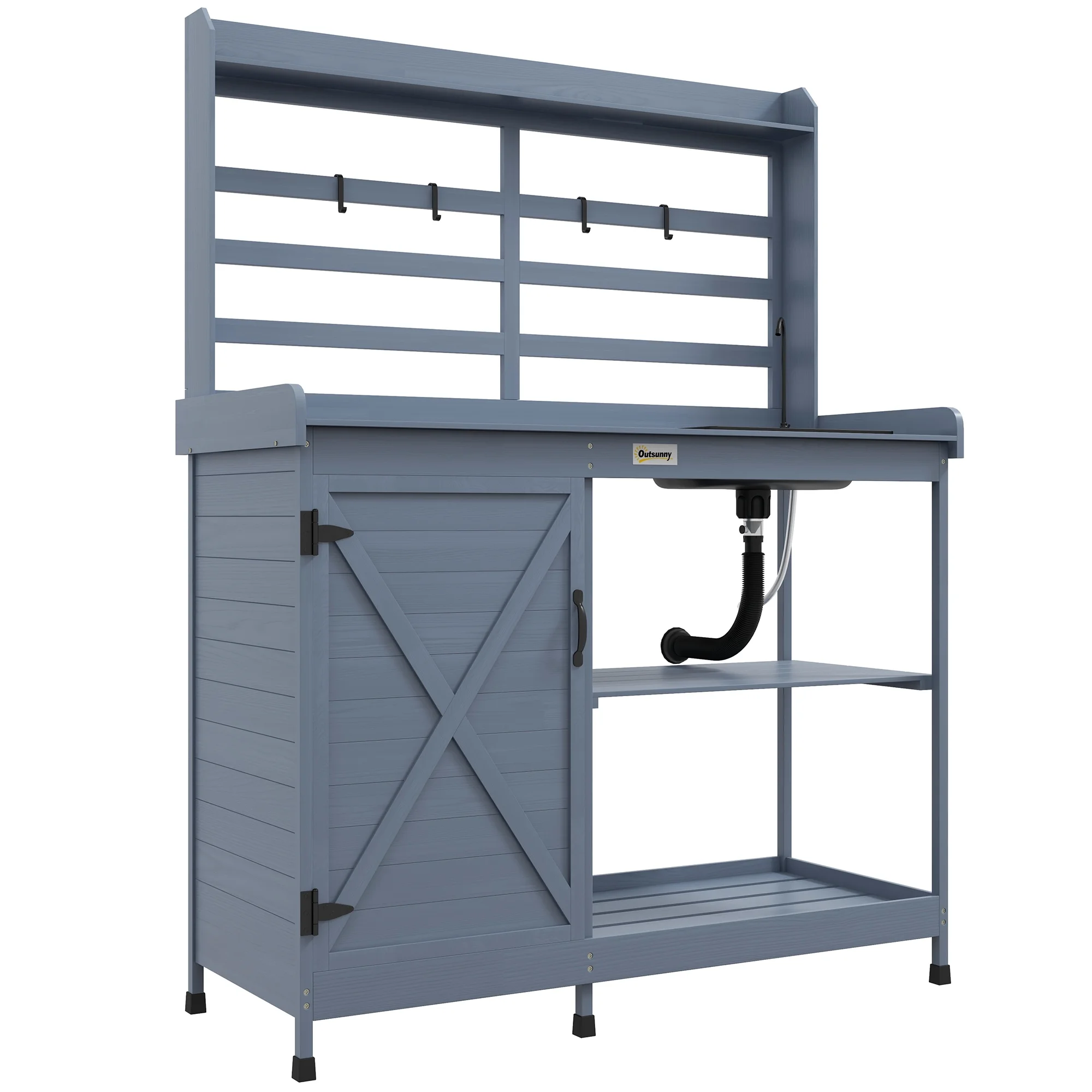 Outsunny Wooden Potting Bench with Storage, Sink, Water Tap, Gray