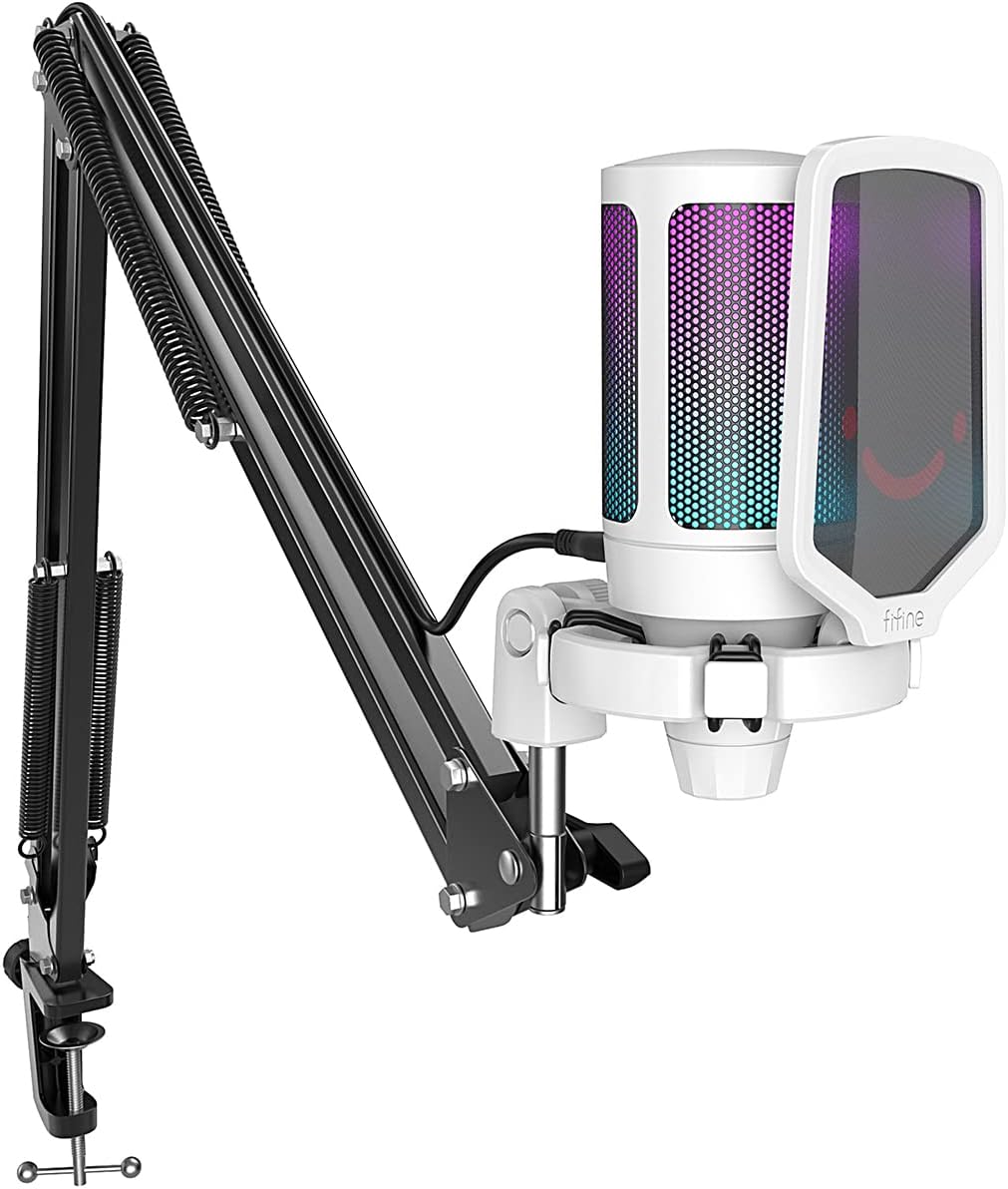 FIFINE USB Gaming Microphone Kit, Plug & Play for PC, PS4/5, 192 kHZ Condenser Cardioid Microphone Set with Mute Button, Volume Gain, RGB, Arm Stand