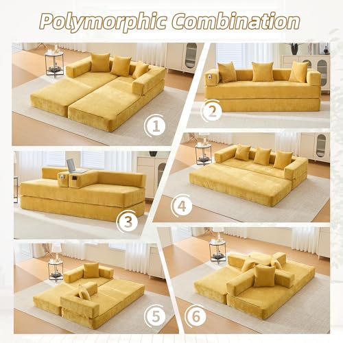 Convertible Sleeper Sofa Bed with Cylindrical Pillow, Corduroy Folding Mattress Couch with Fixed-Shape Frame