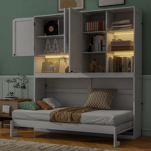 P PURLOVE Wood Twin Murphy Bed with Light and USB, Modern Wall Bed with Top Cabinet and Storage Shelves, Space Saving, No Box Spring Needed (Gray)