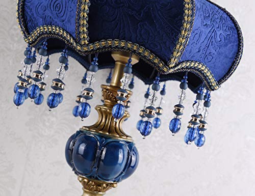 Victorian Style Table Lamp Blue Fabric Lampshade Hand-Made Antique Varnished Resin Lampbody Small Lamp for Living Room Bedroom,13 in W, 21.6 in H (Q2)