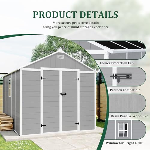 8x8 FT Outdoor Resin Storage shed - Waterproof Garden Sheds with Vents, Lockable Double Doors and Windows for Lawn, Backyard, Patio, Tool Storage Use