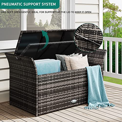 YITAHOME 90 Gallon Outdoor Wicker Storage Bench w/Cushion, Large PE Rattan Deck Storage Box w/Handles & Hydraulics for Patio Furniture, Cushions