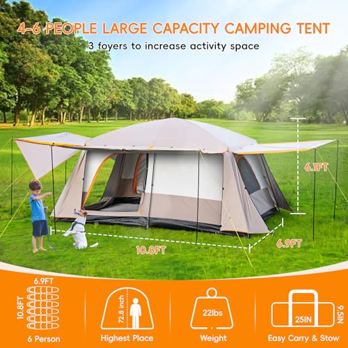 Camping Tent 4-6 Person, Double Layer, Multi-Room Family Cabin Tents with 3 Doors, Mesh Windows, Rainfly & Windproof