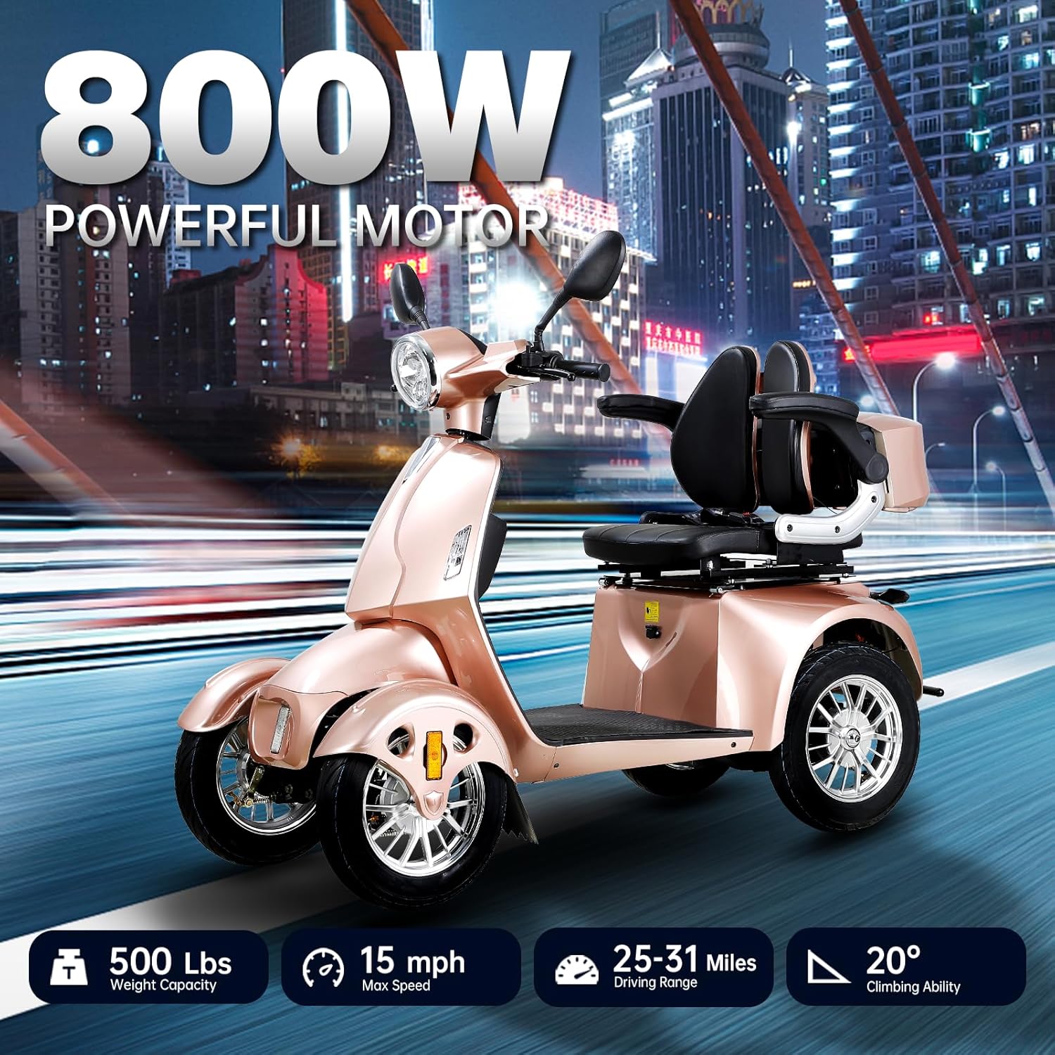 800W Heavy Duty 4 Wheel Mobility Scooters for Seniors & Adults 500lbs Capacity, Powered Mobility Scooters with 3-Speed Control & USB Charger Port