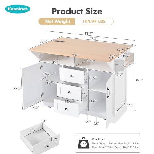 Rolling Kitchen Island with 2 Drop Leaf and Power Outlet, Island Table on Wheels with Towel Rack and Spice Rack