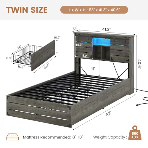 VIAGDO Wooden Bed Frame Queen Size with Bookcase Headboard and Sliding Barn Door, Farmhouse Queen Bed Frame with Charging Station