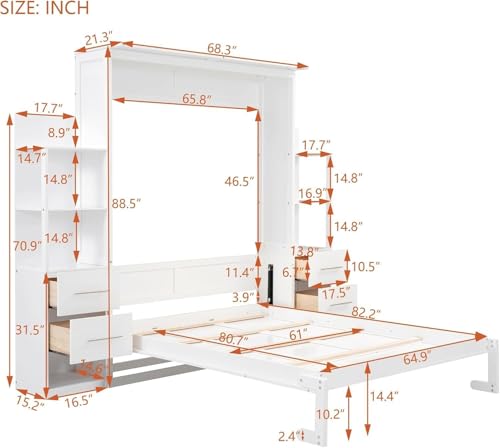MERITLINE Queen Murphy Bed with Storage Drawers,LED Lights and Shelves,Wood Murphy Wall Bed Cabinet for Adults (Grey)