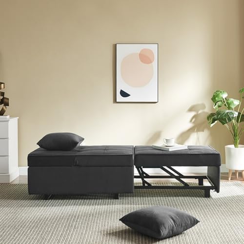 Sofa Bed 4-in-1 Convertible Pull Out Couch, Velvet Love seat Couch Sleeper Chair Bed with 2 Throw Pillow