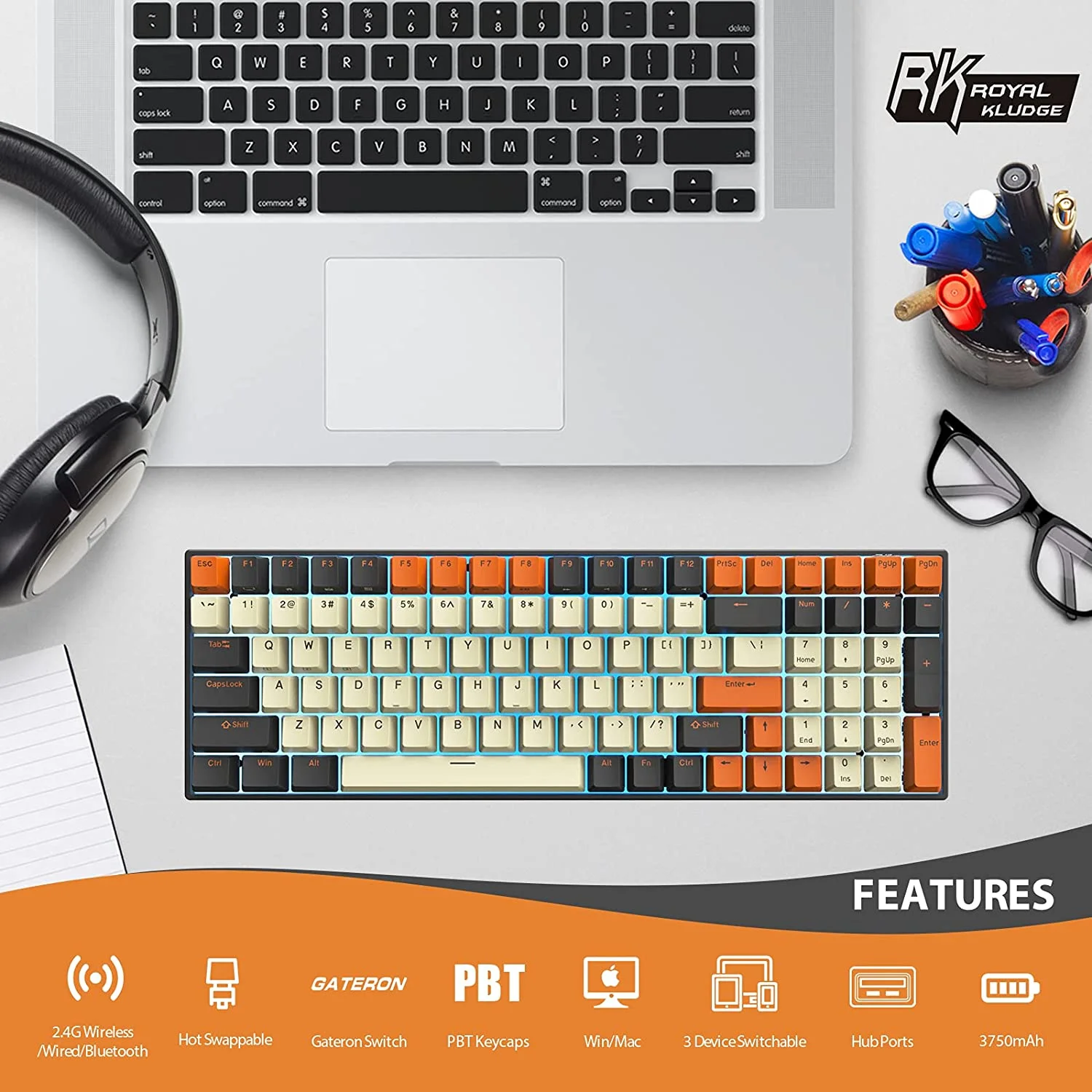 100 Wireless Mechanical Keyboard, Bluetooth5.1/2.4Ghz/Wired Mechanical Keyboard, 100-key 96% Full Size Hot Swappable Keyboard Brown Switch