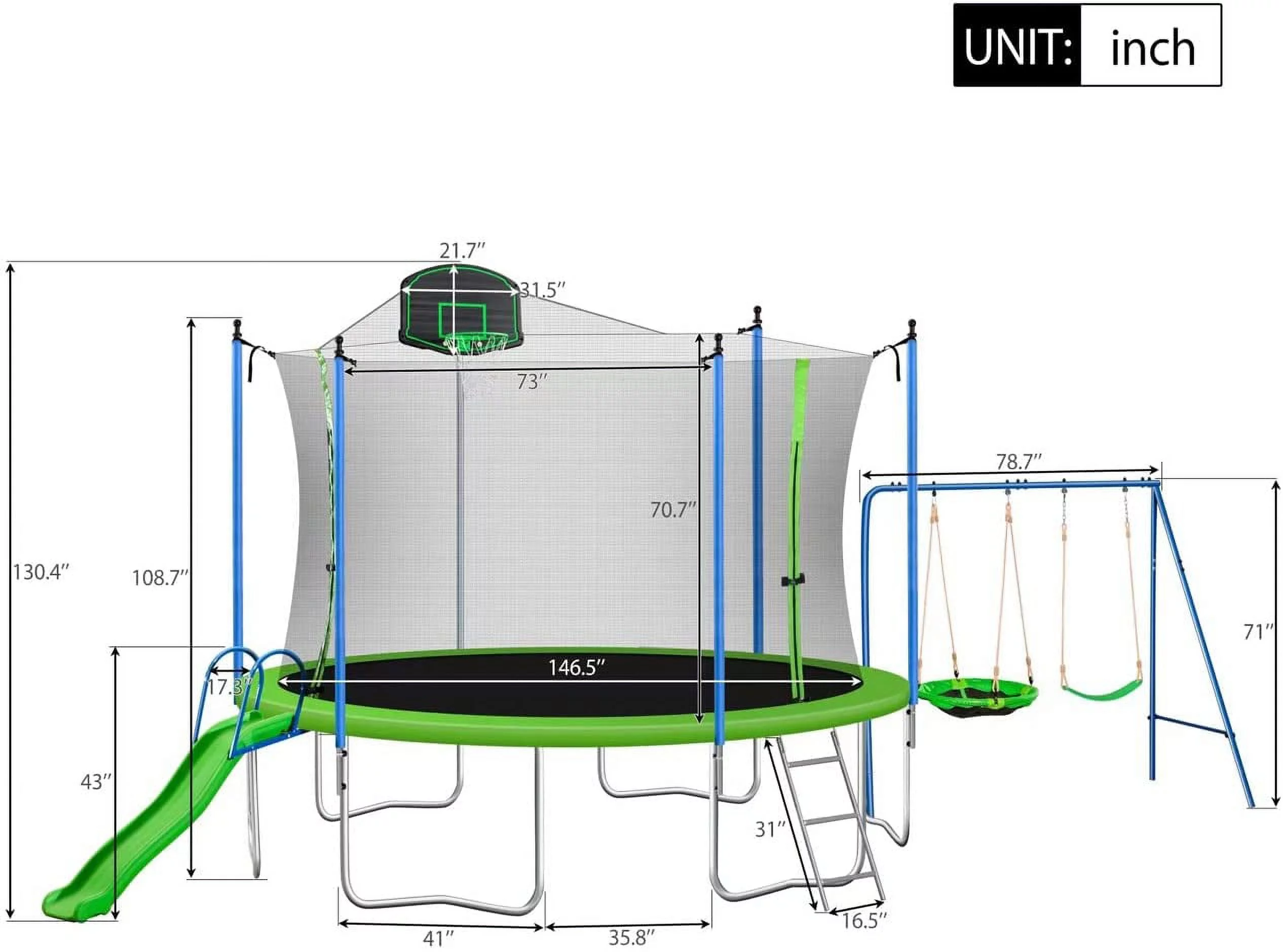 TBWYF 12FT Tranpoline for Adults & Kids Outdoor Round Tranpoline with Slide, Basketball Hoop, Metal Swing Set