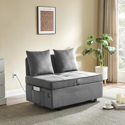 Sofa Bed 4-in-1 Convertible Pull Out Couch, Velvet Love seat Couch Sleeper Chair Bed with 2 Throw Pillow