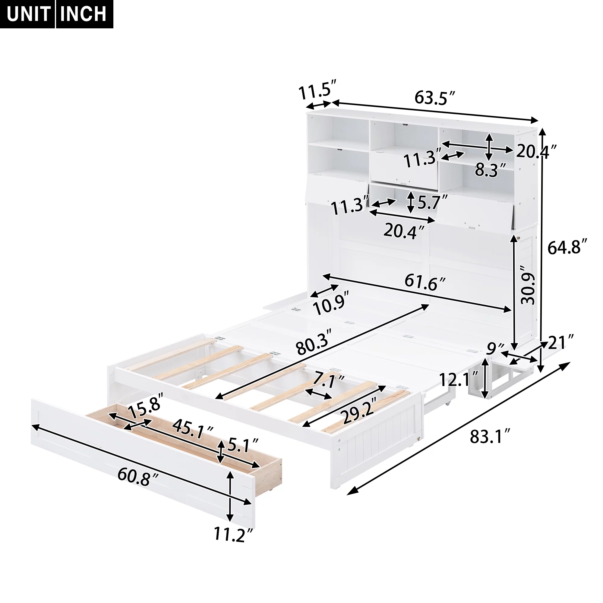Euroco Queen Size Murphy Bed with Bookcase, Shelf and Drawer, Convertible into a Cabinet with Bookcase for Living Room