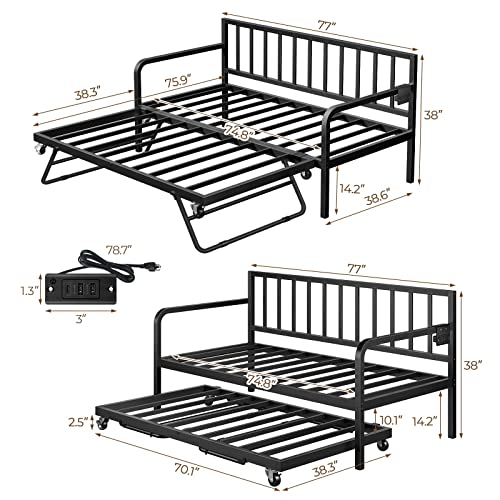 Rolanstar Daybed with Charging Station and LED Lights, Height Adjustable Twin Daybed with Trundle