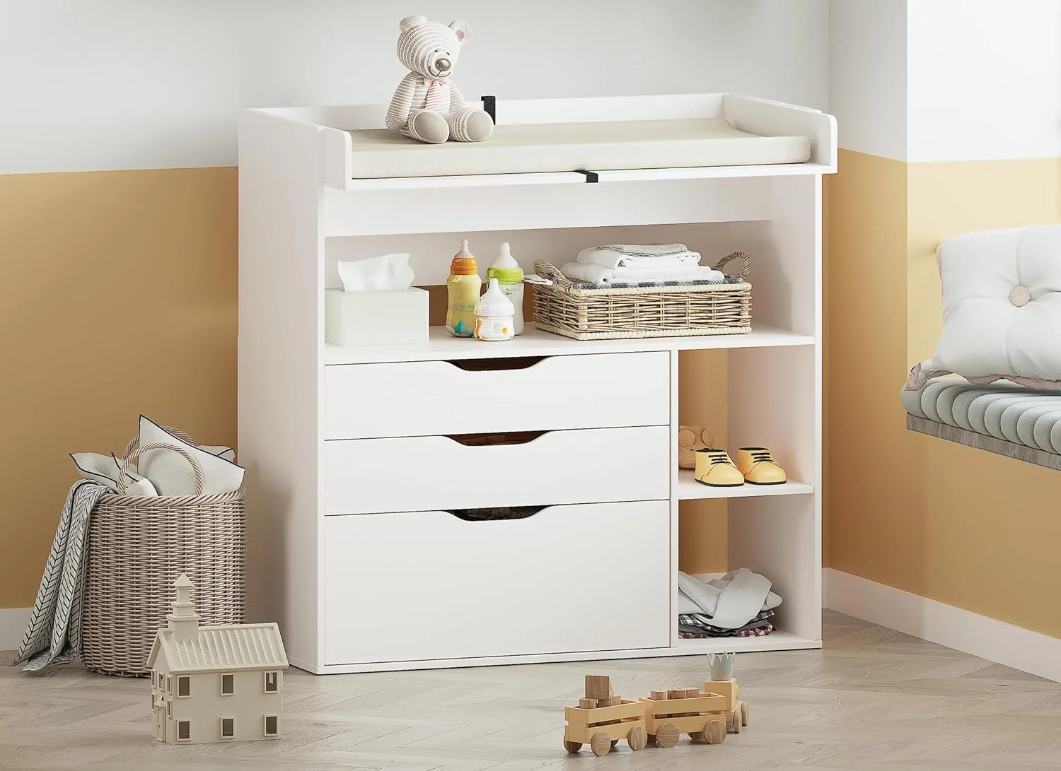 Linor Baby Changing Table Dresser with 3 Drawers and 3 Storage Shelves, Baby Changing Table with Changing Table Top, Baby Changing Station
