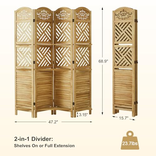 Room Divider with Shelves, 5.75ft Tall Folding Wood Carved Screen with Double Hinges for Home Office Bedroom Hotel Decoration (6 Panels, Natural)