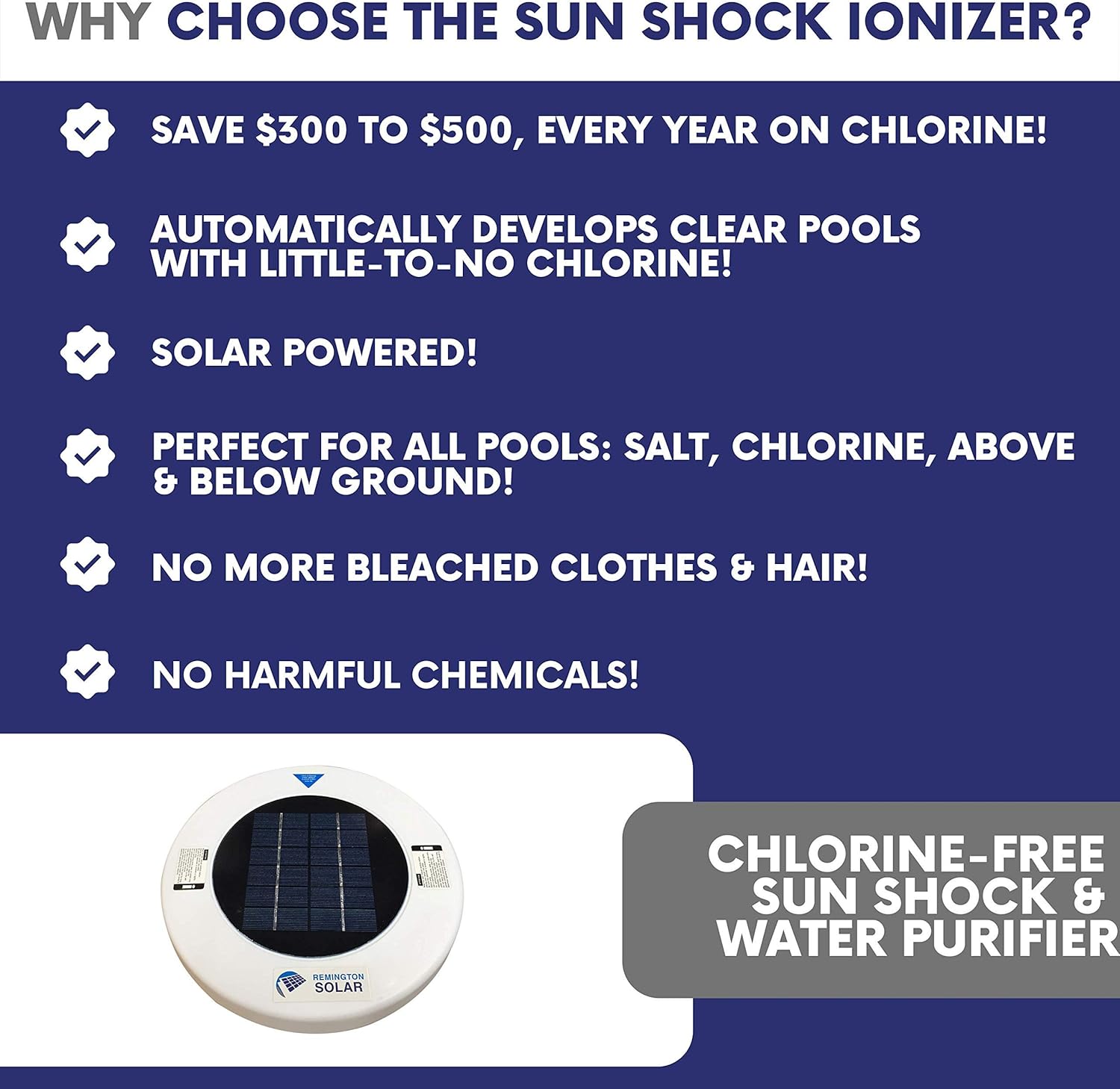 Remington Solar Chlorine-Free Sun Shock & Water Purifier – Reduces Chlorine Usage by up to 80-Percent – Solar Powered Pool Clarifier