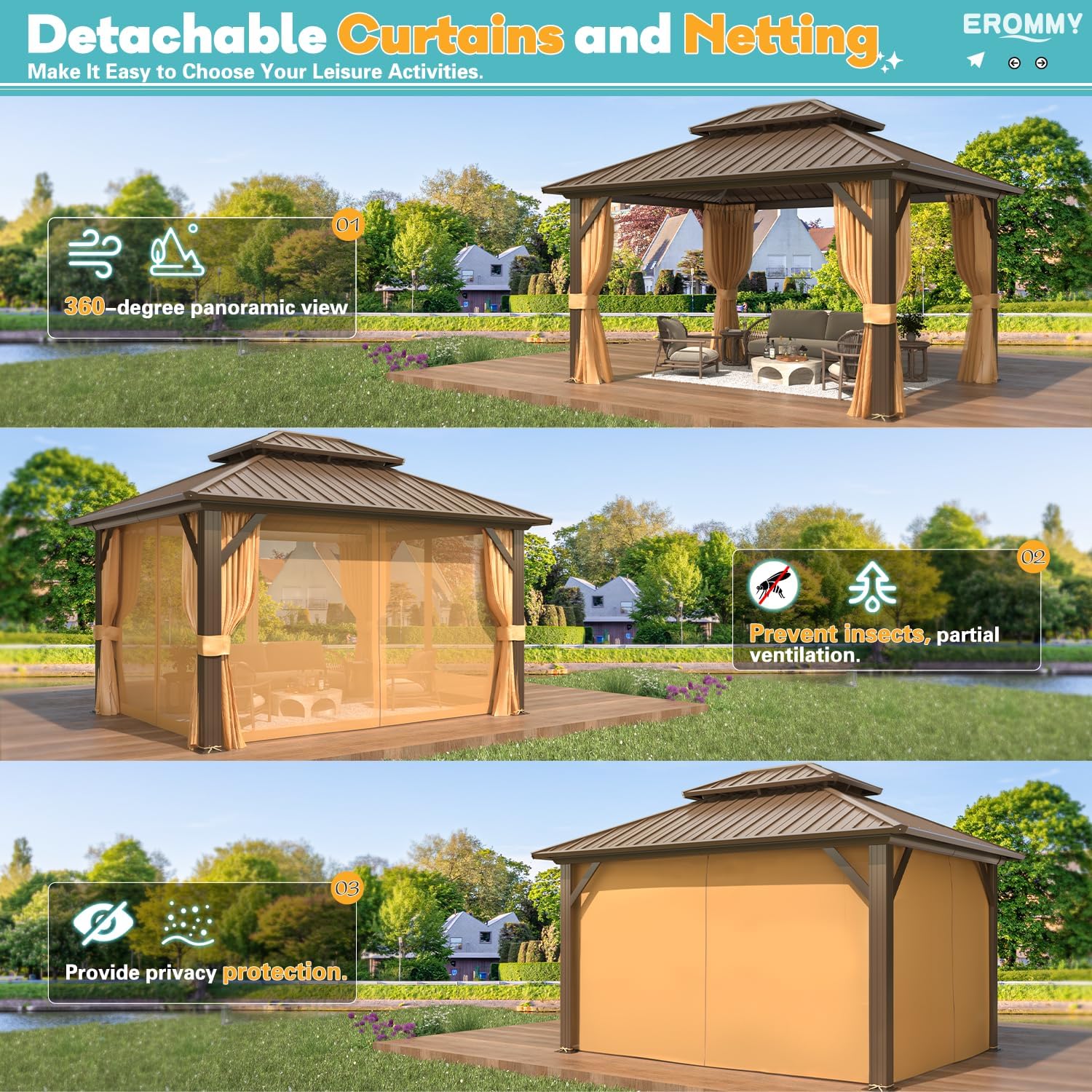 EROMMY 10'x12' Gazebo Hardtop, Galvanized Steel Double Roof Metal Gazebo with Aluminum Frame