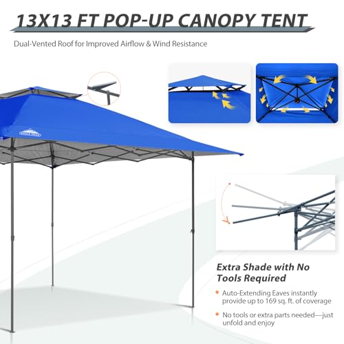 EAGLE PEAK 13x13 Straight Leg Pop Up Canopy Tent Instant Outdoor Canopy Easy Single Person Set up Folding Shelter w/Auto Extending Eaves 169 Square