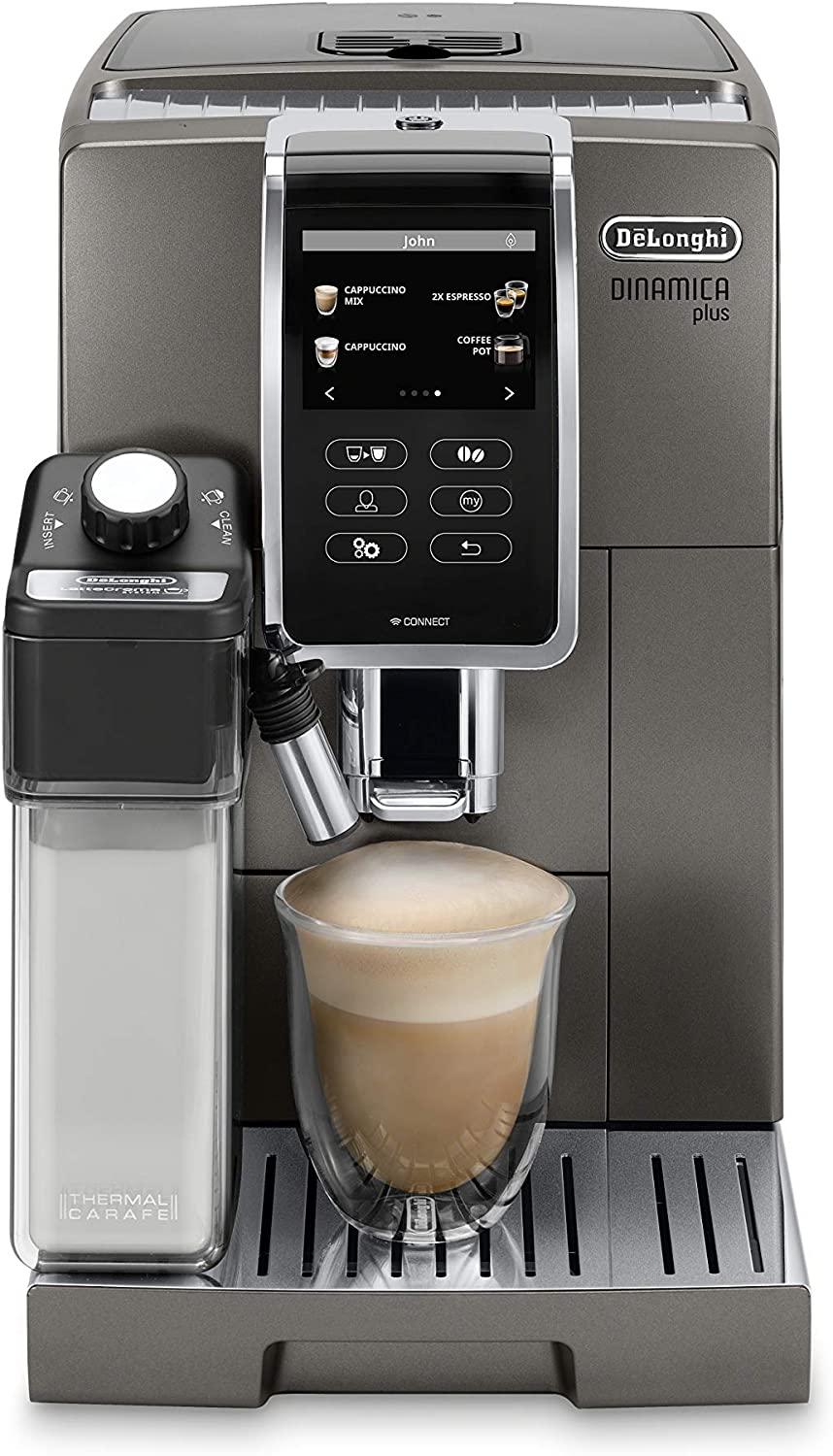 DeLonghi Dinamica Plus Connected Fully Automatic Espresso Maker: colour touch display, CoffeeLink connectivity app, automatic milk frother