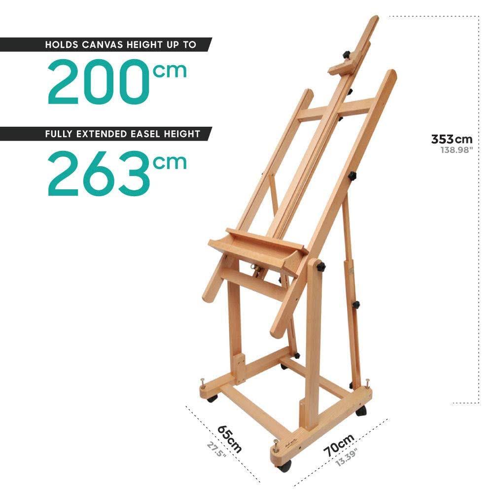 Mont Marte Tilting Studio Wooden Floor Easel. Height Adjustable Extra Large H-Frame Featuring A Large Tilt Range. Castor Wheels