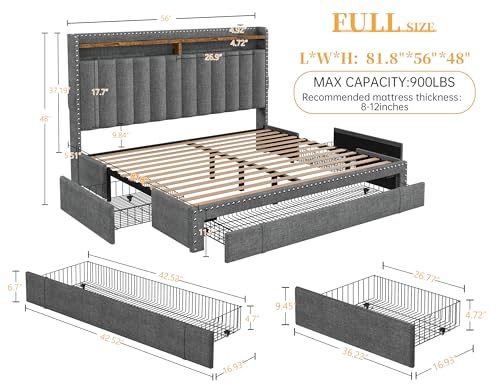 EnHomee Queen Bed Frame with 3 Storage Drawers, Upholstered Bed Frame Queen Size with 2-Tier Storage Headboard, Wooden Slats, No Box Spring Needed