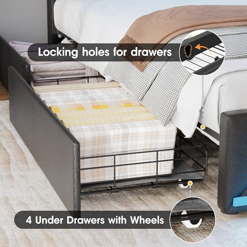Vabches Queen Bed Frame with Storage Headboard and 4 Drawers,Upholstered Platform with Charging Station and Led Lights,Adjustable Headboard