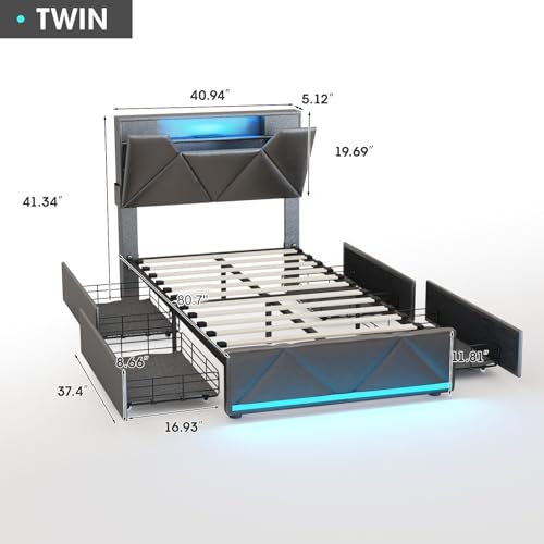 Vabches Queen Bed Frame with Storage Headboard and 4 Drawers,Upholstered Platform with Charging Station and Led Lights,Adjustable Headboard