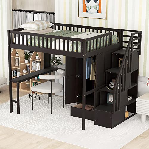 Twin Loft Bed with Staircase, Desk and Wardrobe, Wood Loft Bed with Storage Shelves and Safety Guardrail