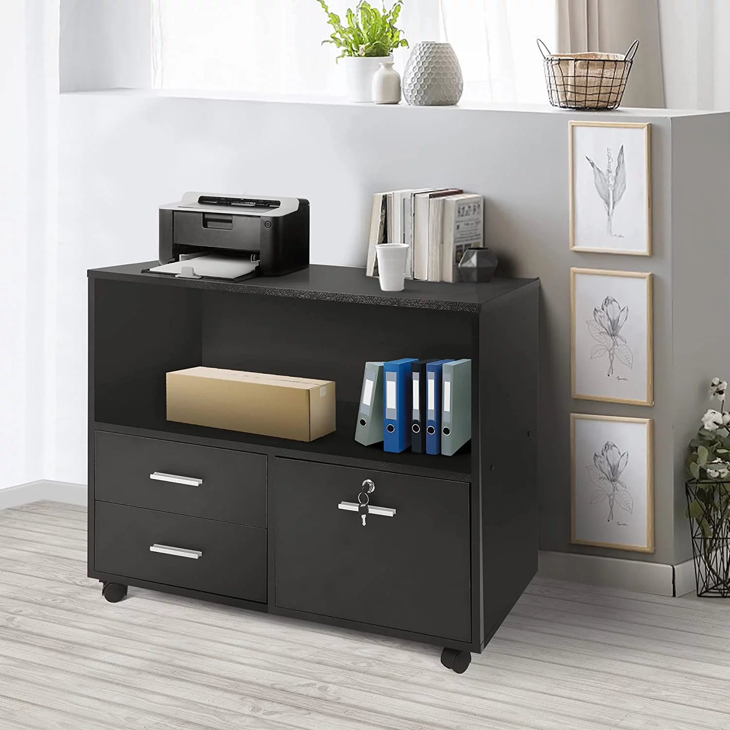 Karmas Product Wood File Cabinet with Lock 3 Drawer Large Mobile Lateral Filing Cabinet with Rolling Wheel Printer Stand with Open Storage Shelves