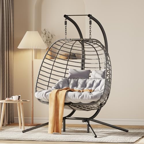 HWB Hanging Egg Chair with Stand, Patio Wicker Hammock Egg Swing Chair with Cushion for Bedroom Garden Indoor Outdoor (Beige)