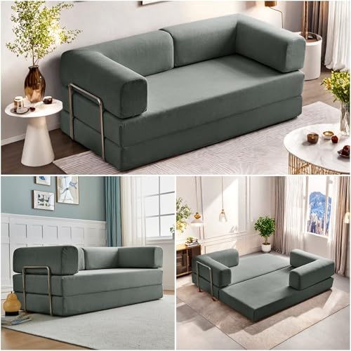 Convertible Floor Sofa Bed, Foldable Mattress Cloud Couch with Pillow Back & Armrest, Chenille Sleeper Sofa Bed with Fixed-Shape Frame